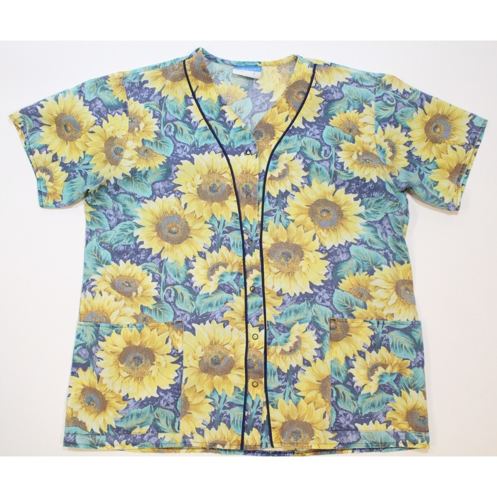 VTG Crest Scrub Top Shirt Women Medium Sunflowers Nursing Colorful Pockets Retro